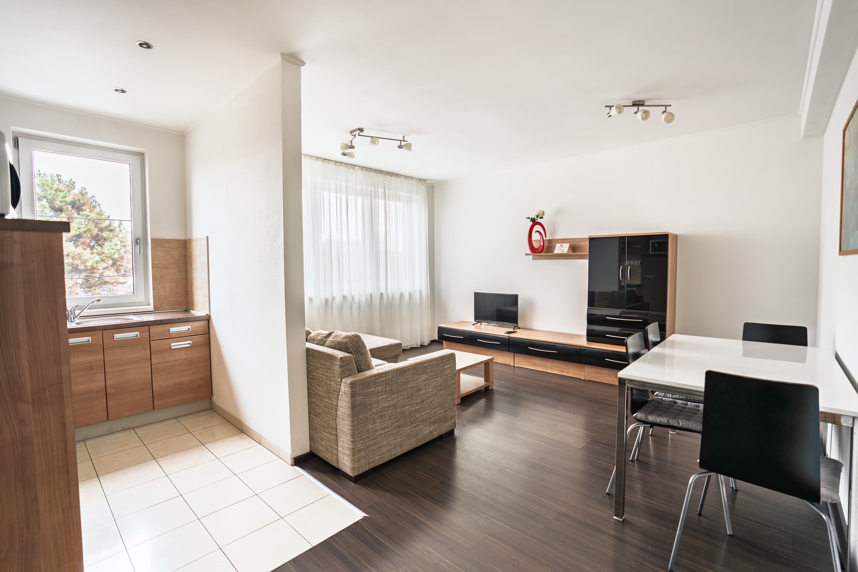 Obývacia izba, kuchyňa a jedáleň v apartmáne Fine
